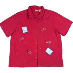 Vintage Bobbie Brooks Red Embroidered Postcard Vacation Camp Shirt XL